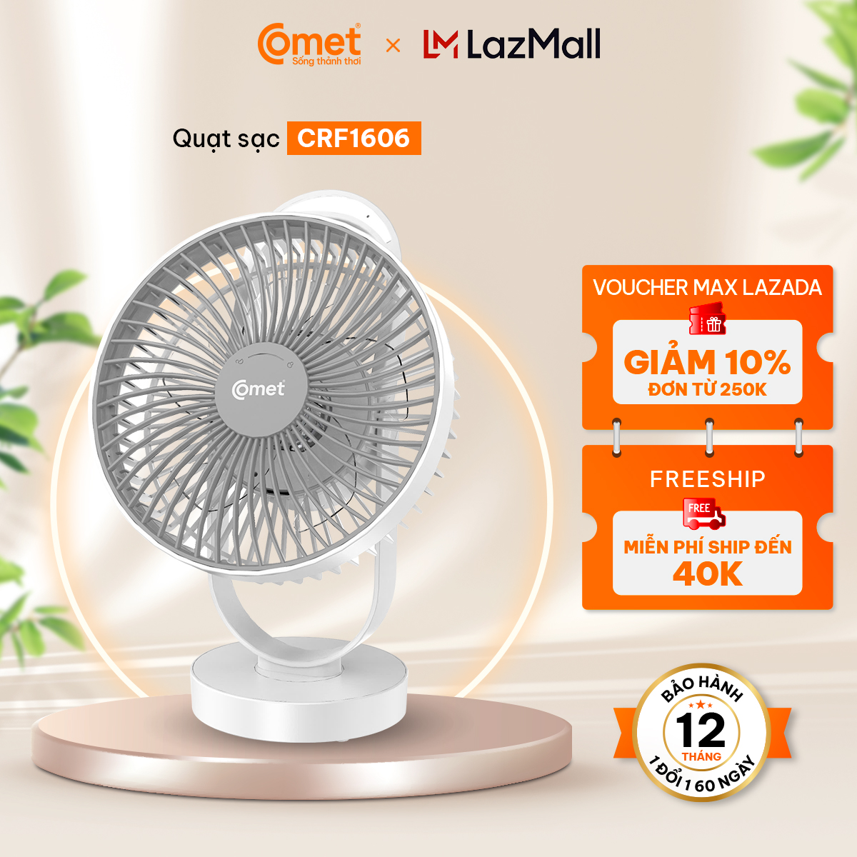 Quạt Sạc Tích Điện COMET CRF1606 treo tường để bàn siêu tiện lợi có đèn led thời gian sài lên đến 8 tiếng