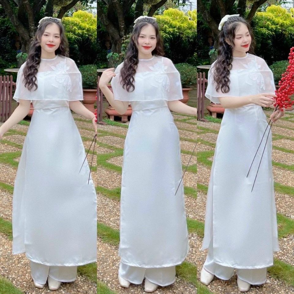 Set áo dài vai bèo thêu hoa kèm quần ống rộng