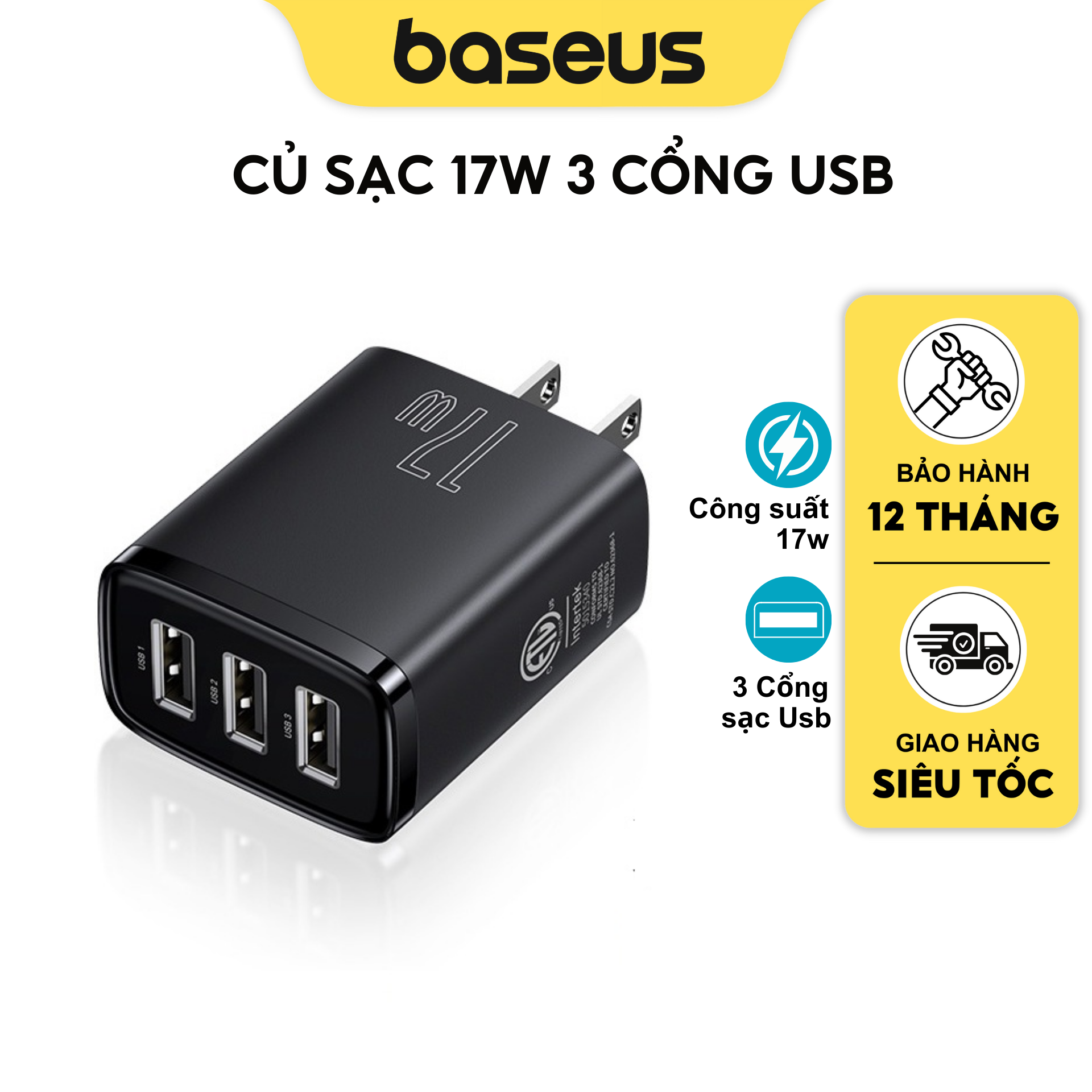 Củ Sạc Đa Năng Baseus Compact Charger 3 Cổng Sạc 17W Dùng cho các dòng máy điện thoại