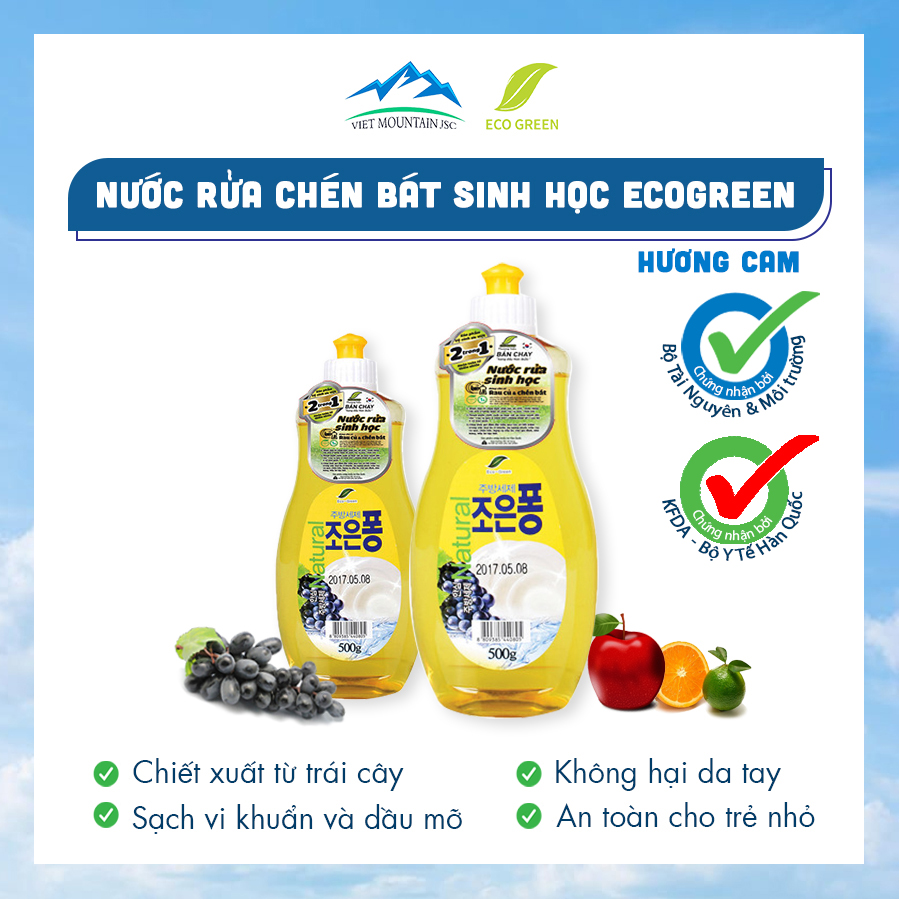 Nước Rửa Bát Sinh Học ECO GREEN - Hương CAM 500ml - KHÔNG CHẤT HÓA HỌC, An toàn cho da tay, bảo vệ sức khỏe cho cả nhà