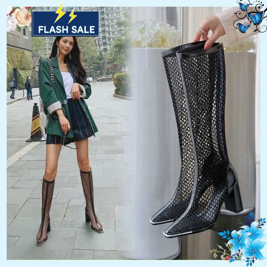 Bốt lưới boot đùi cao cổ loại đẹp khoá sau gót vuông cao 7p