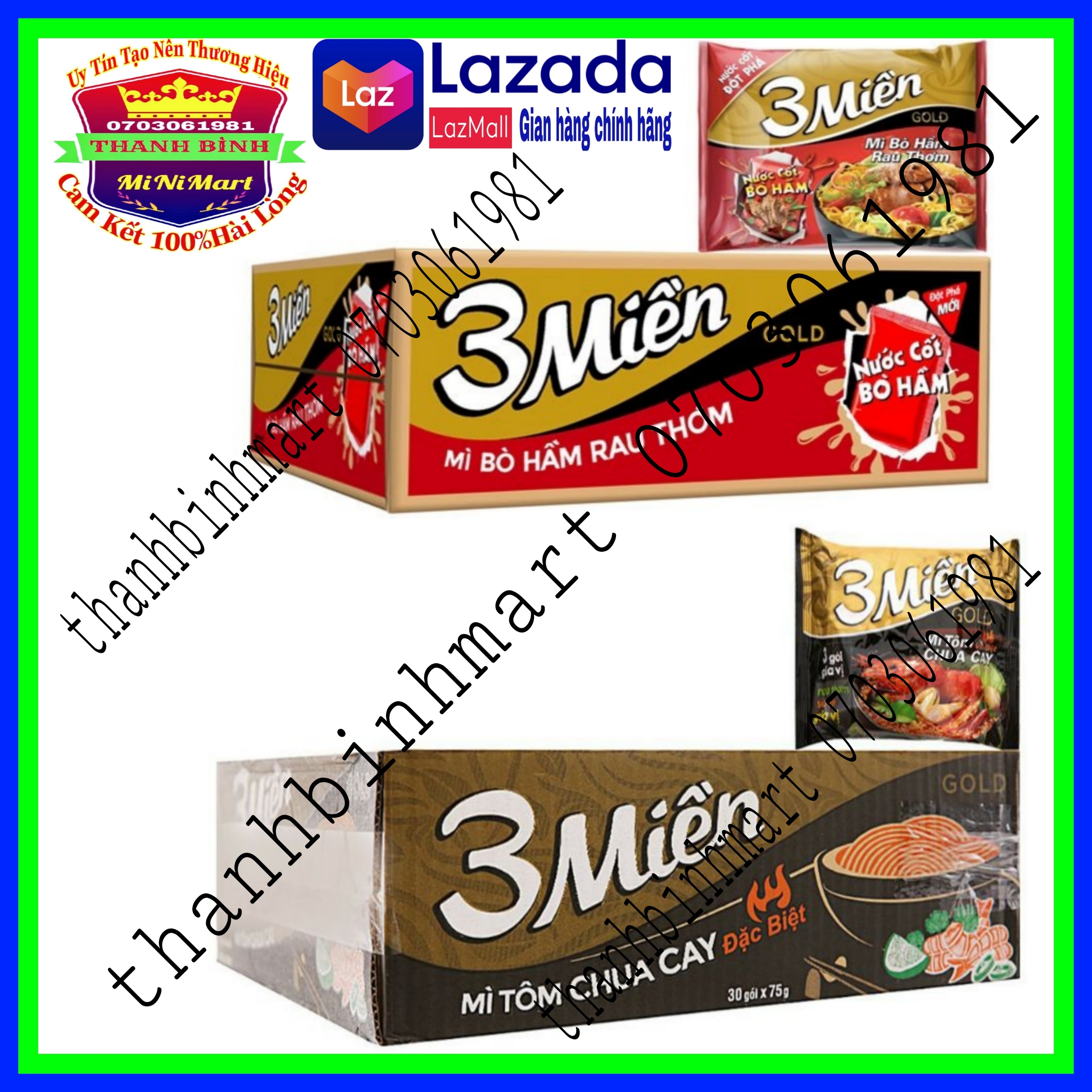 Mì 3 miền 2 vị tôm chua cay, bò hầm rau thơm thùng 30 gói x75g