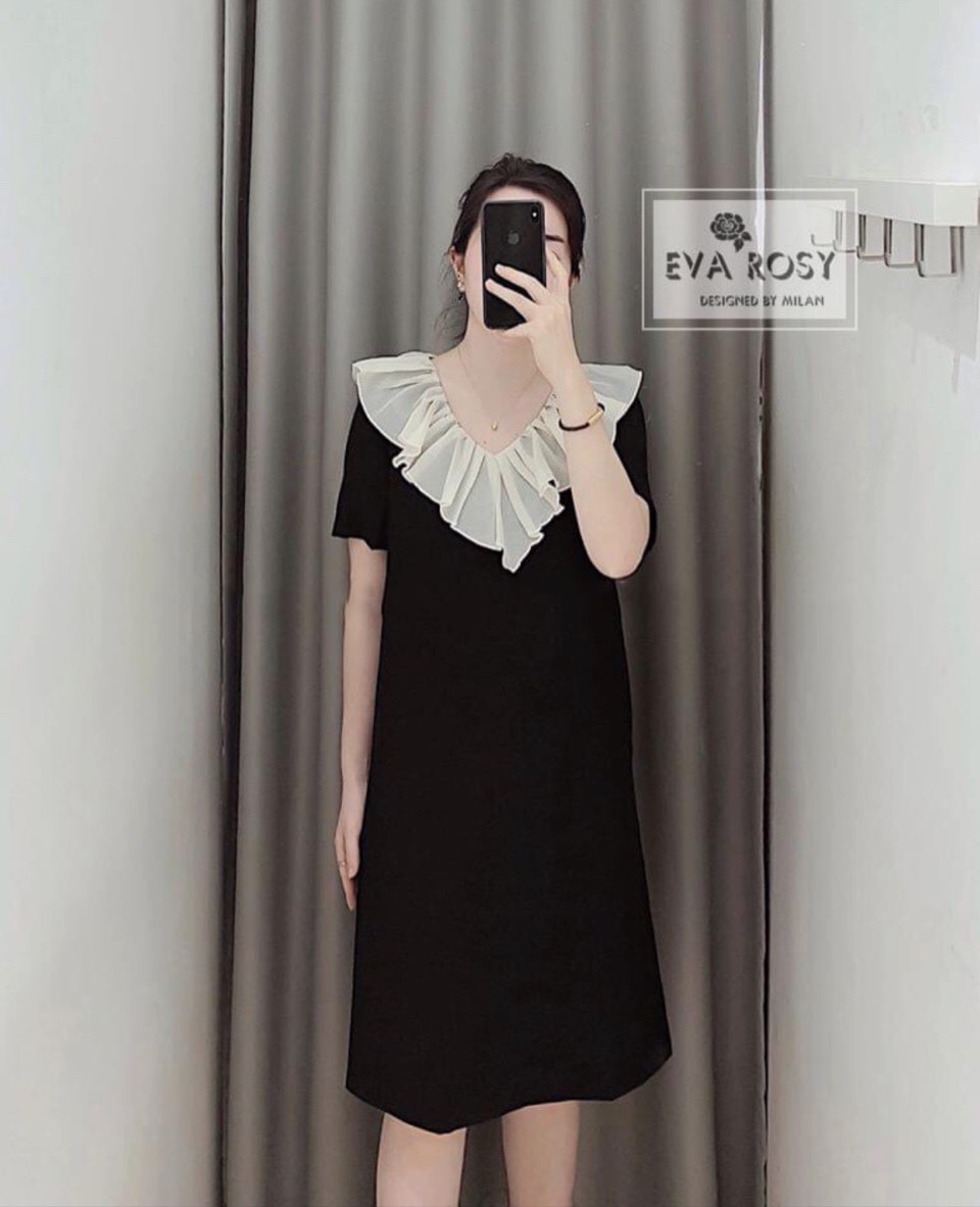 Váy bầu công sở đầm bầu thiết kế màu đen phối bèo cổ kem V60
