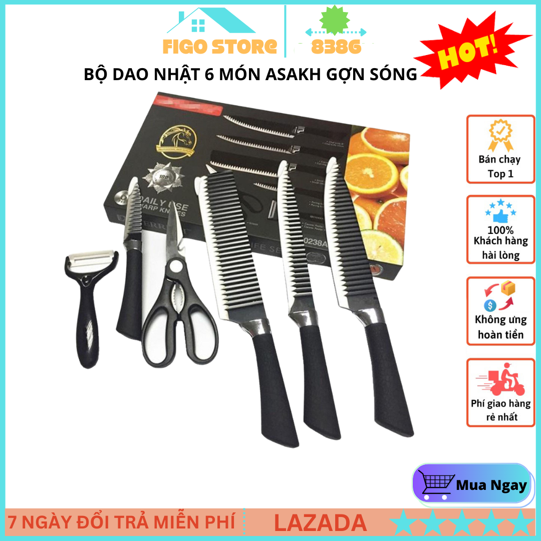 Bộ Dao Nhật 6 Món Asakh Gợn Sóng Cao Cấp, Bộ dao làm bếp thân gợn sóng chống dính lưỡi thép Nhật Bản, Dao Làm Bếp Đa Năng Sắc Bén Dễ Vệ Sinh