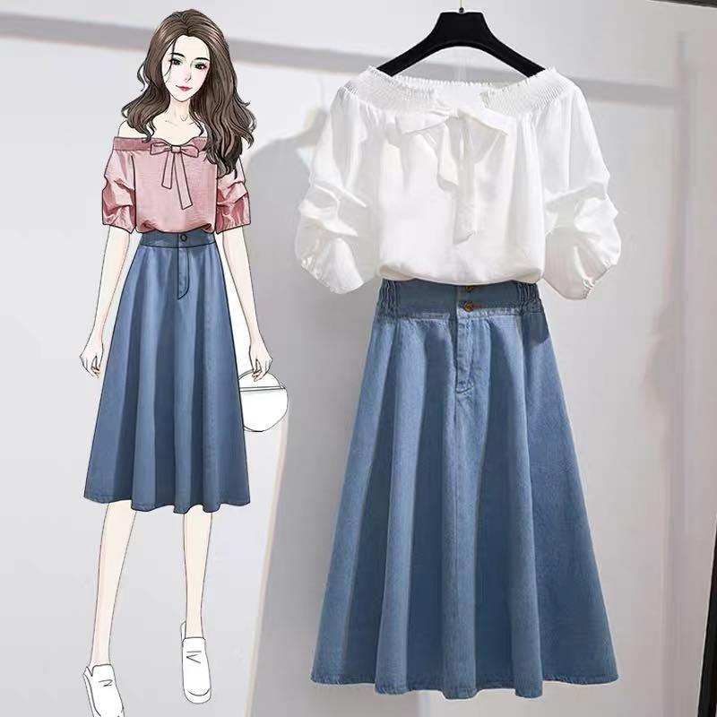 [LAZFLEX1 giảm 30K/149K] Set Chân Váy Jean ÁO Trễ Vai Thắt Nơ Phong Cách Hàn Quốc Vintage