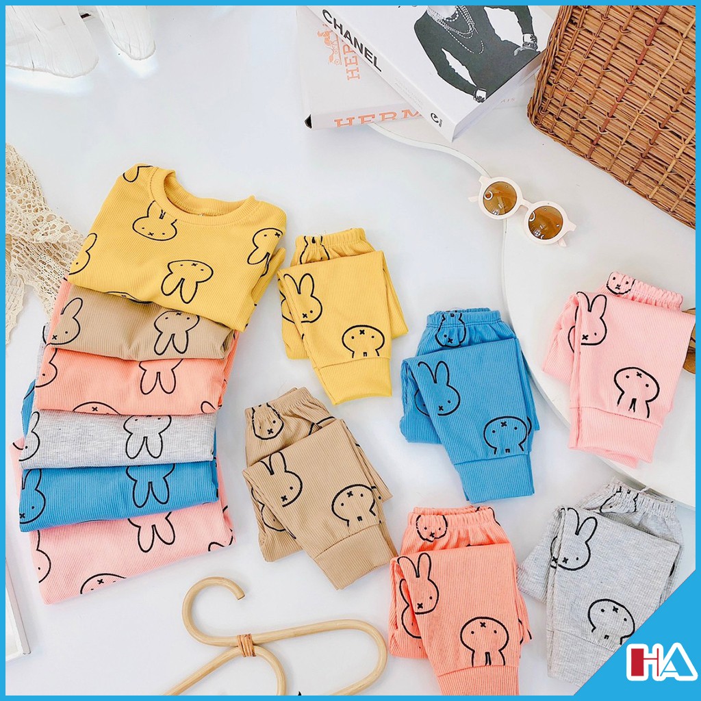 Bộ quần áo dài tay tăm gân in hình thỏ đáng yêu, bộ tăm gân cho bé trai bé gái mới nhất