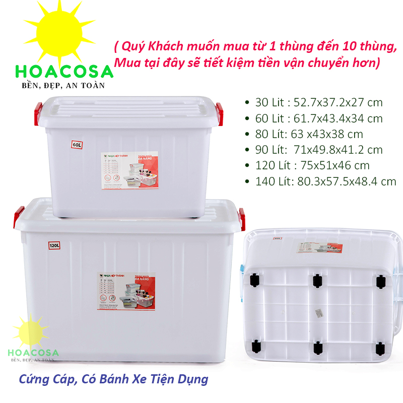 Từ 1- 10 Thùng Nhựa Đựng Đồ Đa Năng 30L, 60L, 80L, 90L, 120L, 140L Hiệp Thành Có Bánh Xe, Cứng Cáp Tiện Dụng- Đồ Gia Dụng Hoacosa.