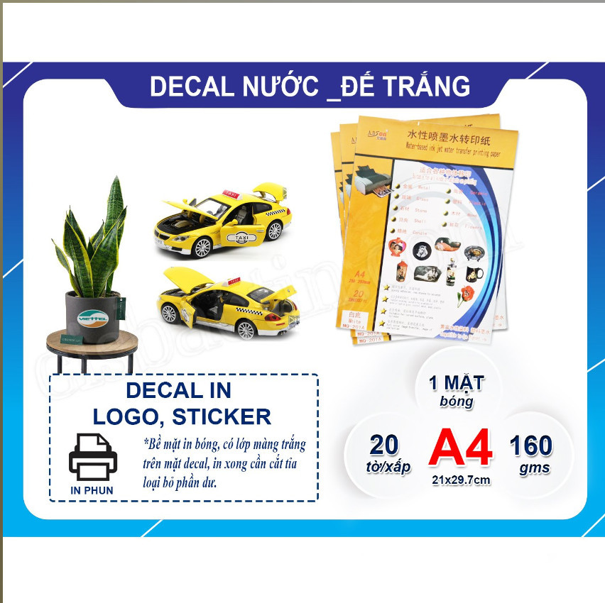 [HCM]DECAL NƯỚC ĐẾ TRẮNG IN ẢNH CHO VẬT TỐI MÀU- COMBO 20 TỜ A4