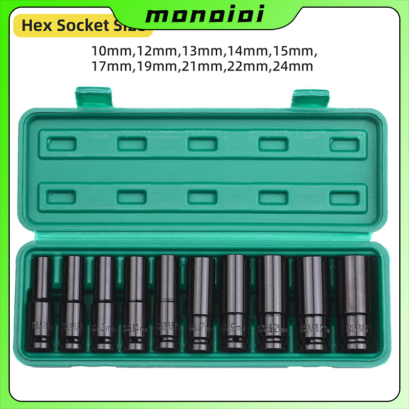 【Monqiqi】Bộ 10 đầu khẩu, đầu túyt Cao Cấp dùng cho máy siết bulong 1/2 -8-24mm Bộ chặn T&G, chặn bi dài, chặn đen, bộ cờ lê điện 1/2" 4 hun số 8-10-12-13-14-16-17-19-21-24 kèm hộp