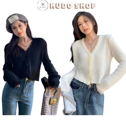 Áo len nữ dài tay, áo khoác len croptop phối lông, áo len croptop tay dài dáng ngắn màu trắng/đen dày dặn không xù không ngứa Kudoshop