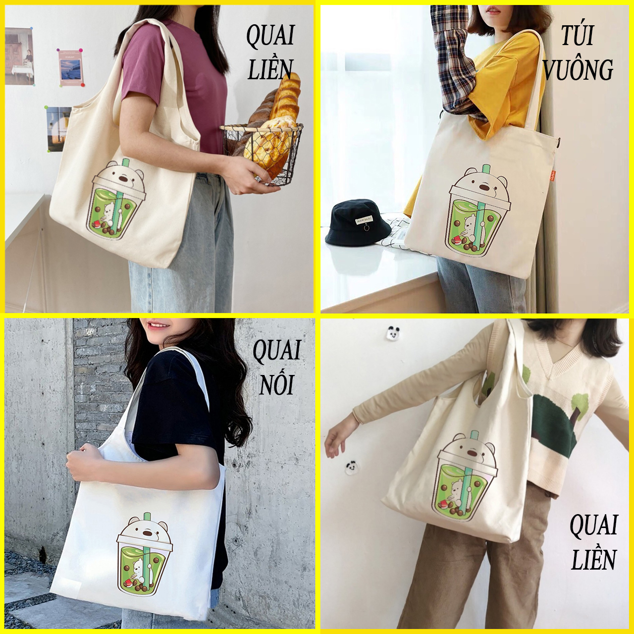 TÚI XÁCH NỮ VẢI CANVAS HÌNH LY GẤU SIÊU CUTE THÍCH HỢP ĐI HỌC , ĐI CHƠI