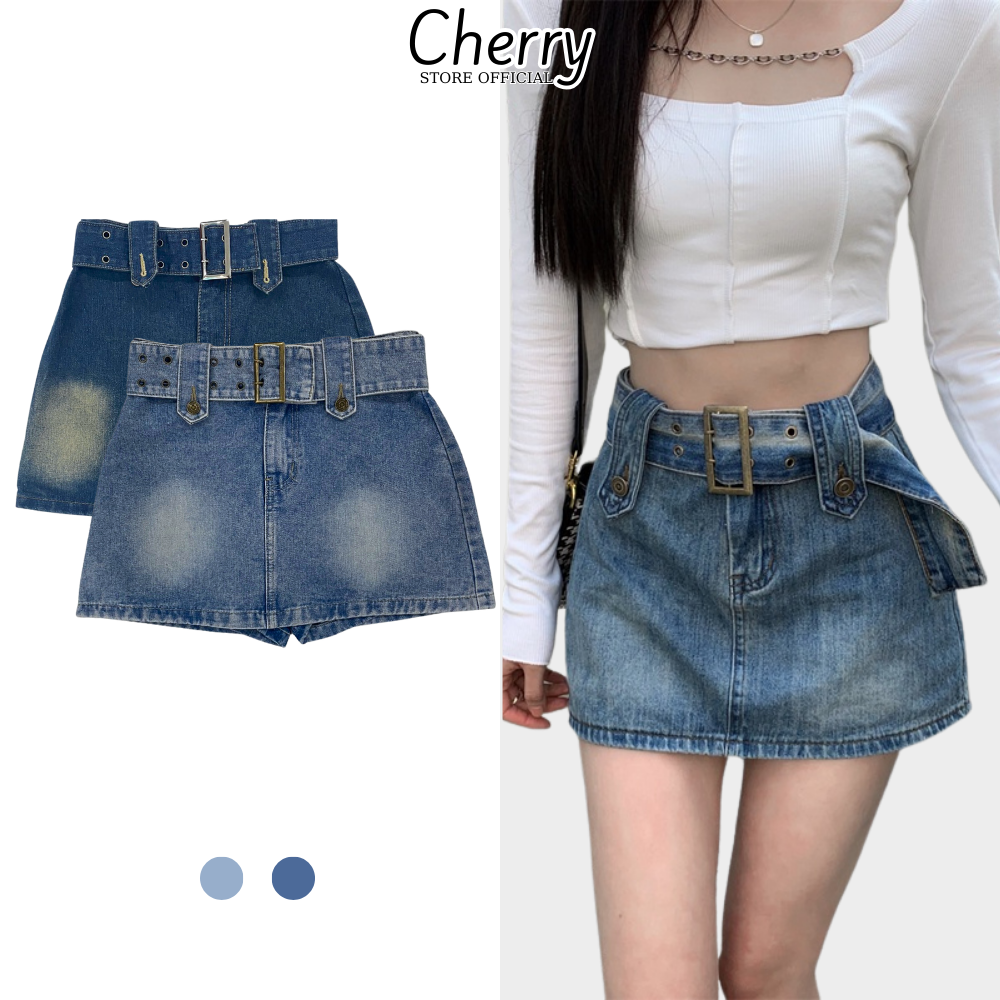 Chân váy jean ngắn CHERRY dáng chữ A có đai eo cao phong cách Hàn Quốc, Chân váy bò ngắn cạp cao tôn dáng T081
