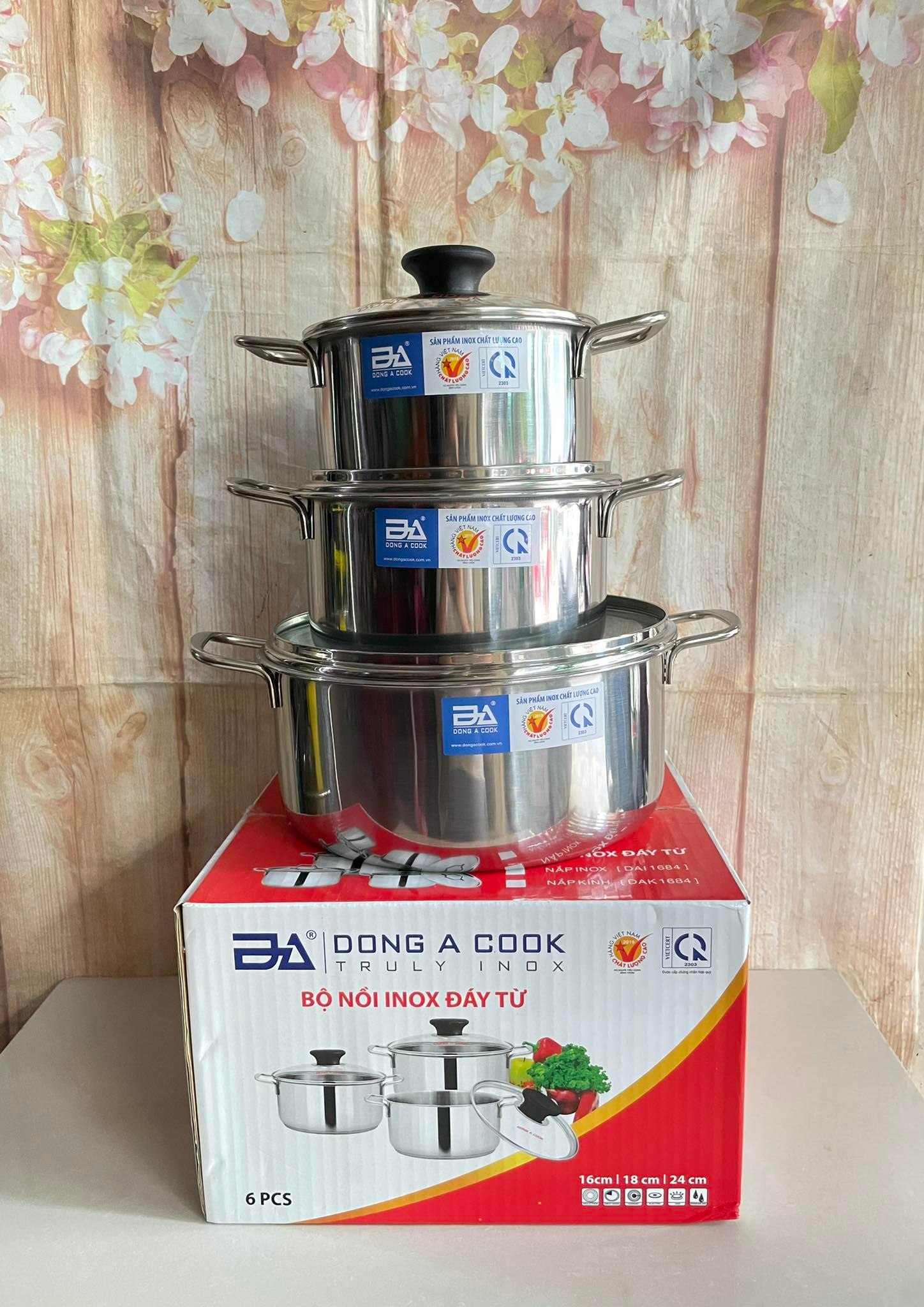 Bộ 3 nồi inox ĐÔNG Á nắp kính dùng được cho bếp từ