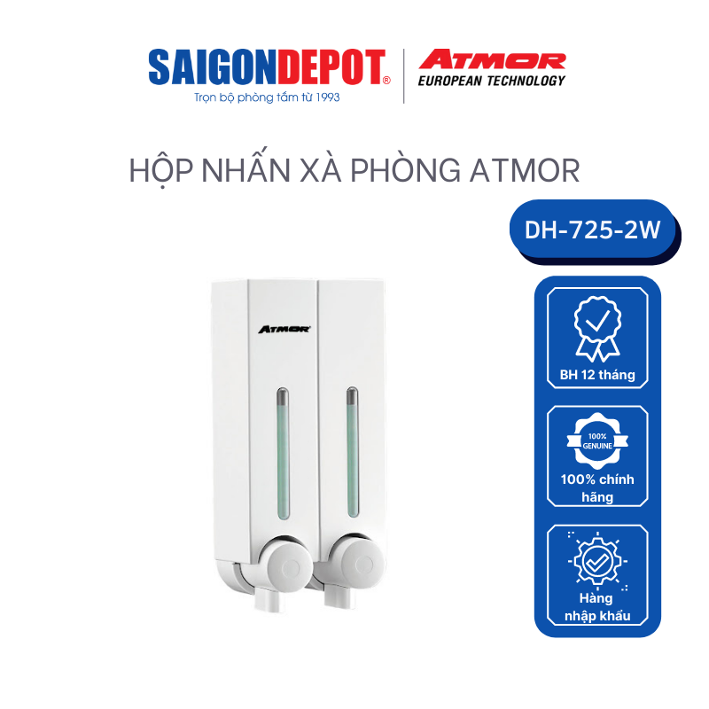 [HCM] Hộp nhấn xà phòng 2 hộc-ATMOR-SaigonDepot DH-725-2W dung tích 250mlx2 chất liệu nhựa ABS trắng sang trọng phù hợp với nhiều không gian thiết kế - bảo hành chính hãng 12 tháng