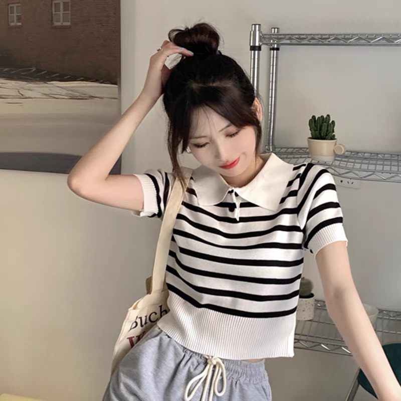 Áo len polo croptop kẻ sọc ngang phối màu trẻ trung phong cách hàng Quảng Châu đẹp