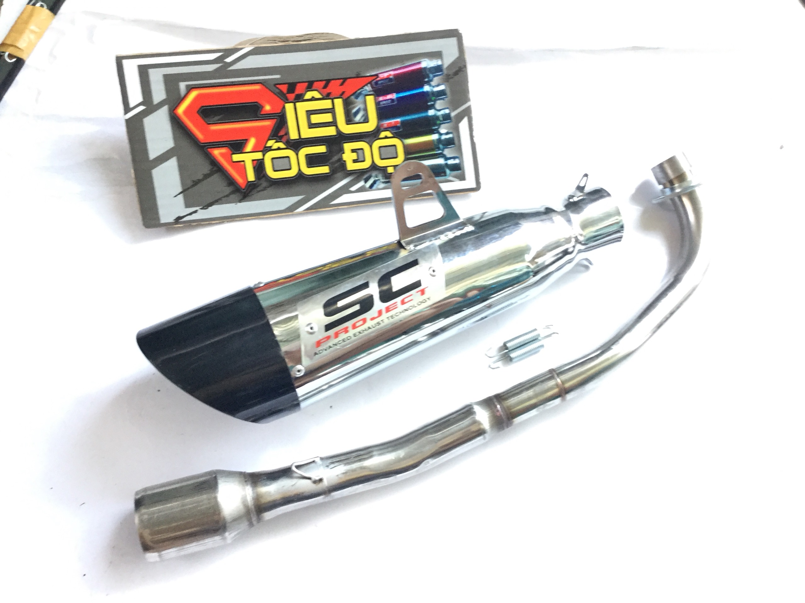 Pô sc xéo đuôi đen bao gồm cả cổ pô độ cho xe wave 50 - 100, cup, dream, 67, exciter 50cc,...