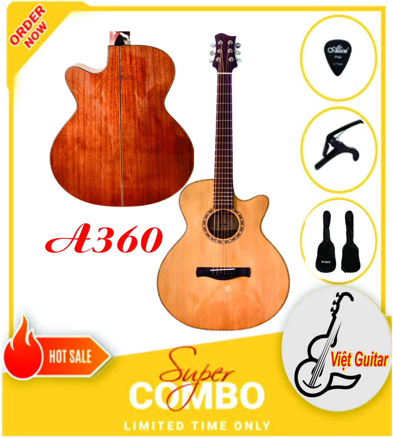 Guitar Bình Nguyên A360 Hồng Đào Kỹ Âm thanh hay cân đối, nữ tính