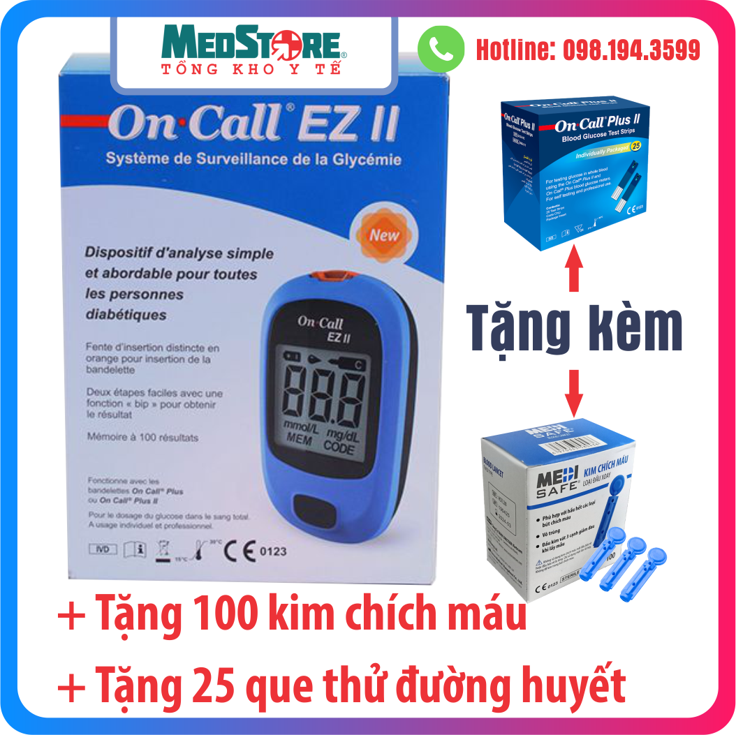 Máy Đo Đường Huyết Acon On-Call EZ II - TBYT Medstore - Máy Đo Tiểu Đường OnCall EZ II. Tặng 100 kim, 25 que thử