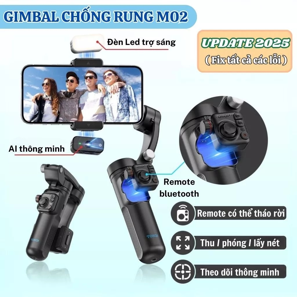 Gimbal điện thoại chống rung chính hãng TOKQI M02, Tay cầm gimbal 360 nâng cấp 2025