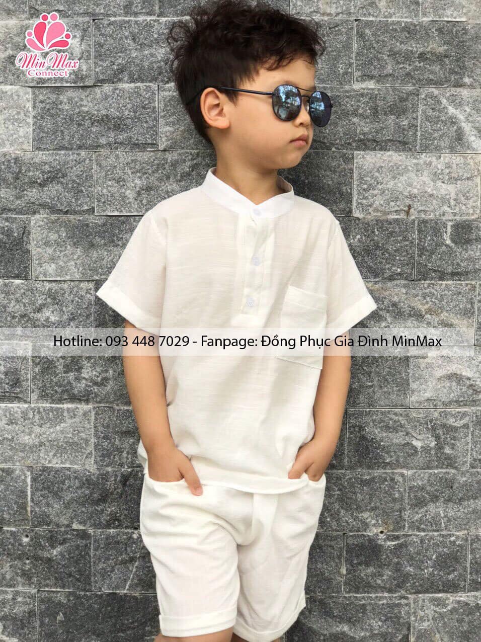 Áo Sơ Mi Bé Trai Từ 10 -41kg Kèm Quần Màu Trắng Cộc Tay, Cổ Tàu , Chất Đũi Thoáng Mát
