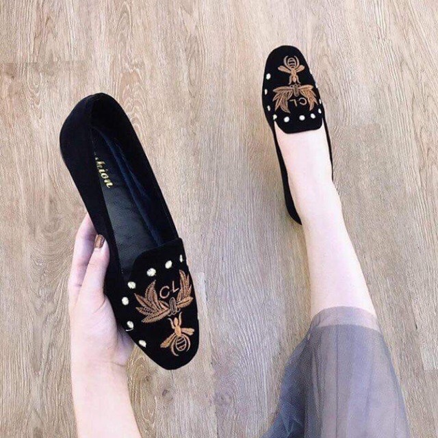 ảnh thật- giày búp bê nữ đế bệt thêu họa tiết ong vàng cực đẹp , bệt nữ chất nhung mịn cực mềm và êm chân