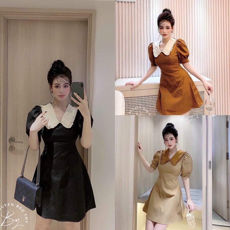 Đầm váy nữ tay phồng cổ bèo phối trắng kiểu dáng cực xinh