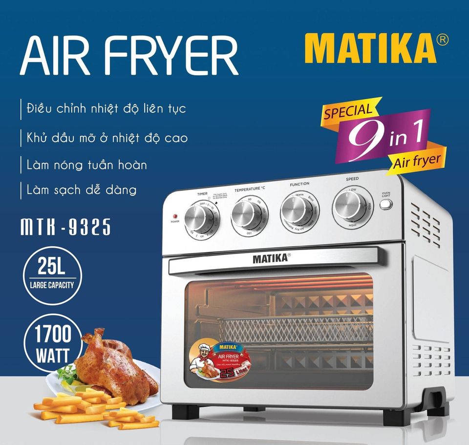 New 2024 large size | matika mtk-9325 oil-free fryer 25l capacity, super fast frying, compact design suitable for any space, 12 month warranty.