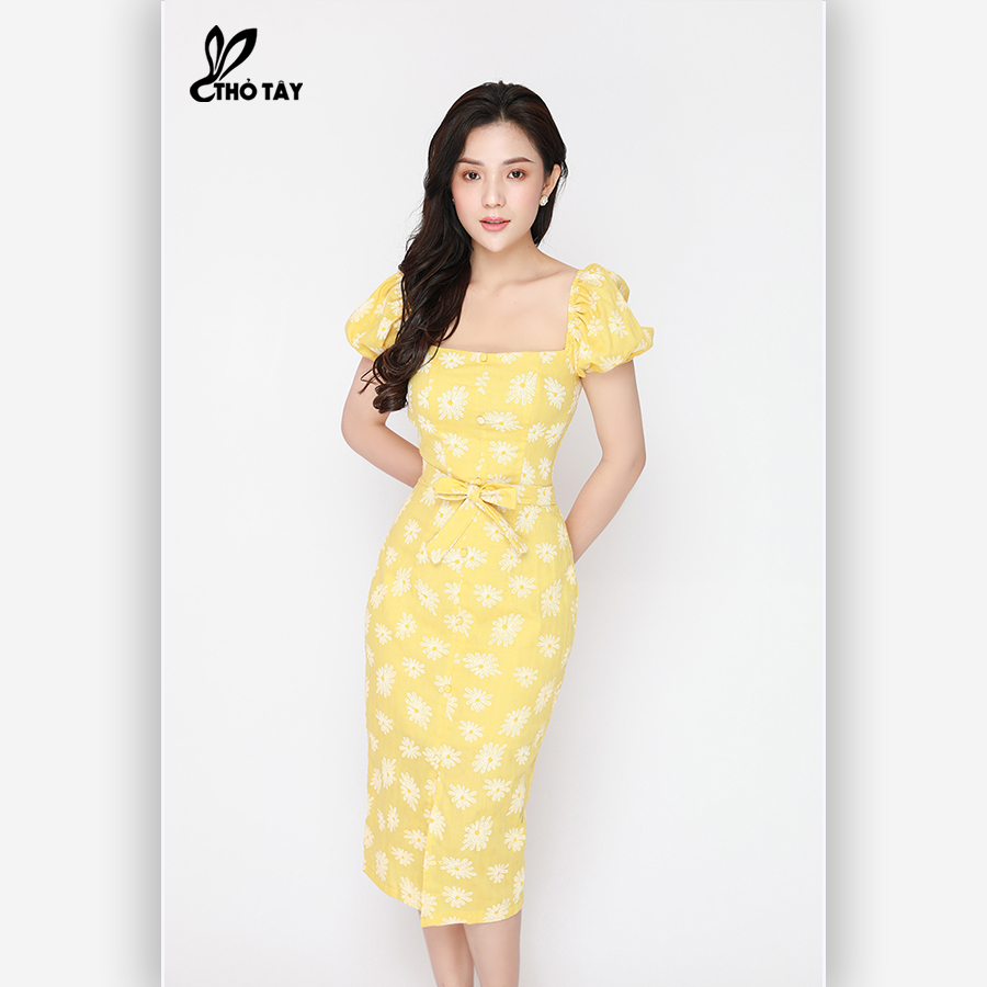 Đầm Body Tay Phồng Họa Tiết Hoa Cúc - THỎ TÂY D405BX649