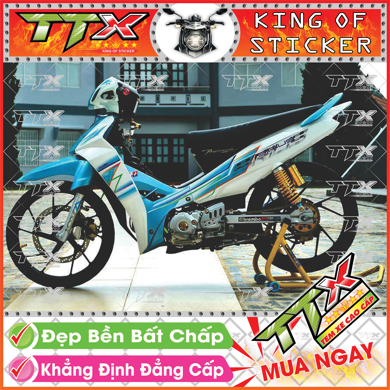 Tem xe sirius xanh trắng chỉ nhỏ - tem sirius 110 trắng xanh siêu đẹp - mẫu team sirius xanh trắng