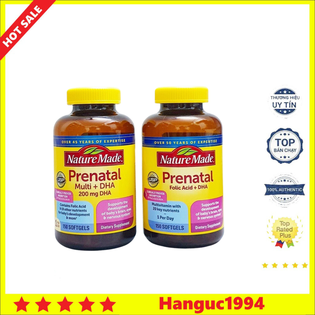 Thuốc bổ bầu mỹ viên uống vitamin nature made prenatal multi dha 200mg 150 viên mẫu mới + cũ