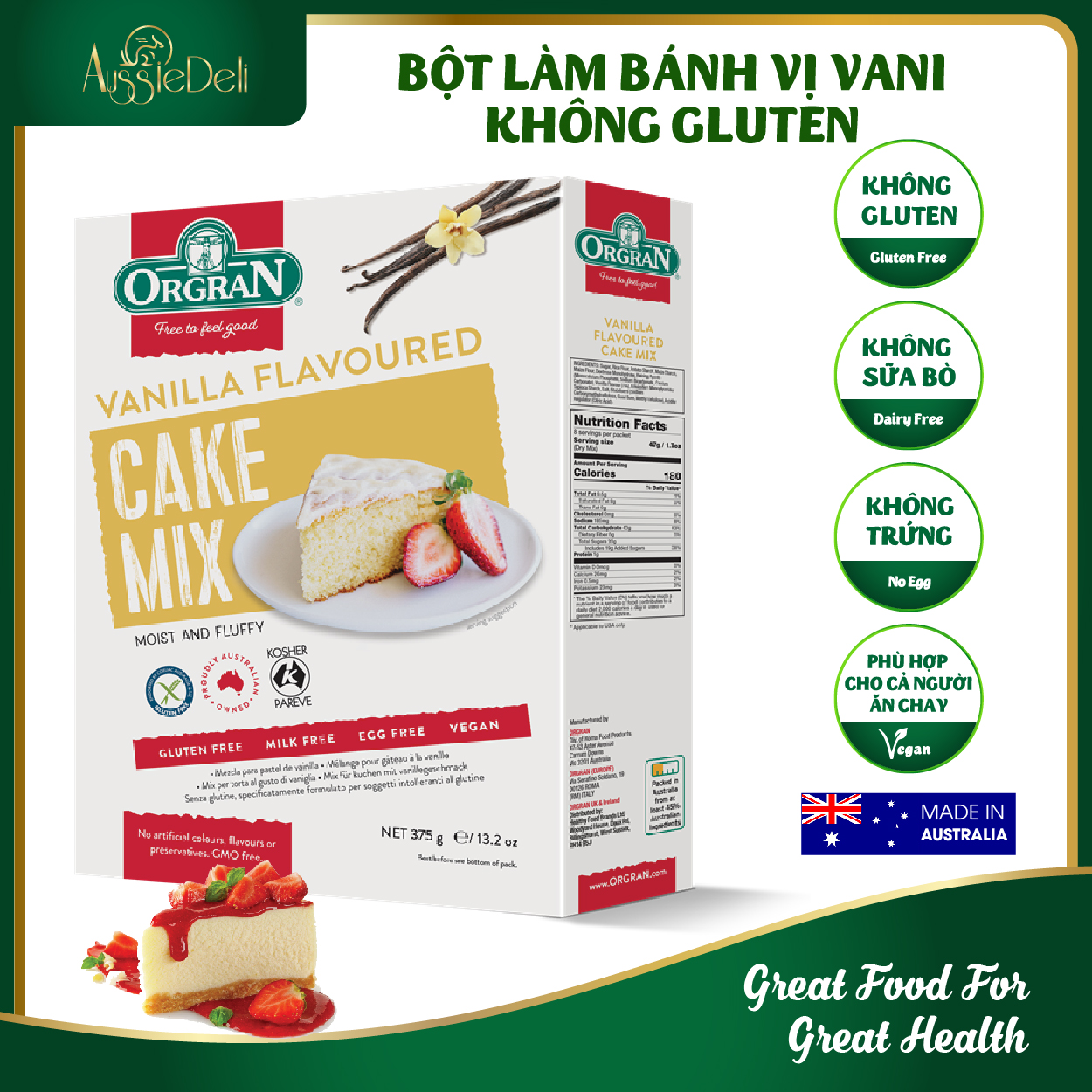 Hộp 375gr - Bột Làm Bánh Hương Vanilla Không Gluten - ORGRAN - Nhập Khẩu Từ Úc