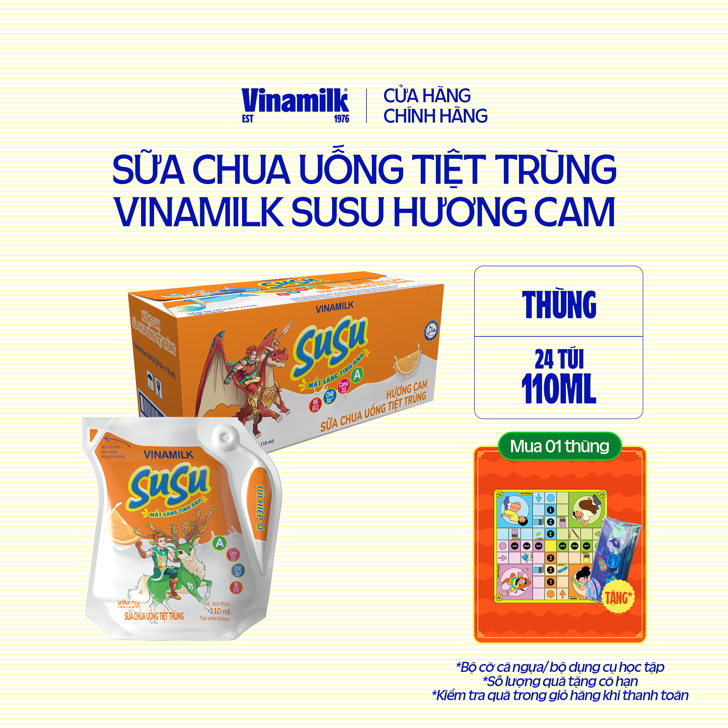 3 Thùng Sữa chua uống tiệt trùng Hương Cam Vinamilk Susu 110ml 24 Túi/ thùng