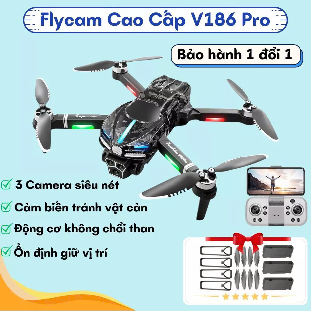Flycam 4K Ultra HD V186 PRO , Máy bay flycam mini trang bị 2 camera, Flycam giá rẻ điều khiển từ xa, Drone camera mini quay phim chụp ảnh chuyên nghiệp