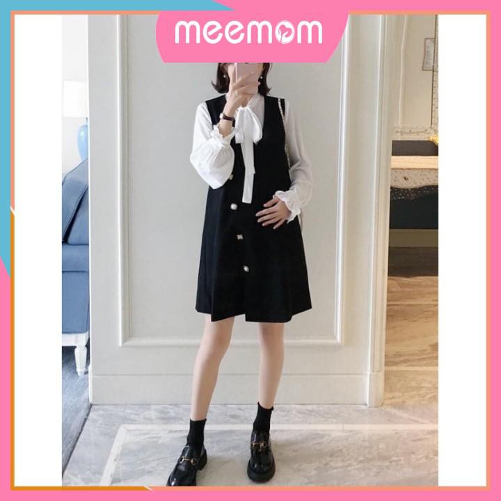 Váy bầu công sở - đầm bầu sang chảnh thiết kế dài tay cúc ngọc có nơ cổ HD12 - Meemom