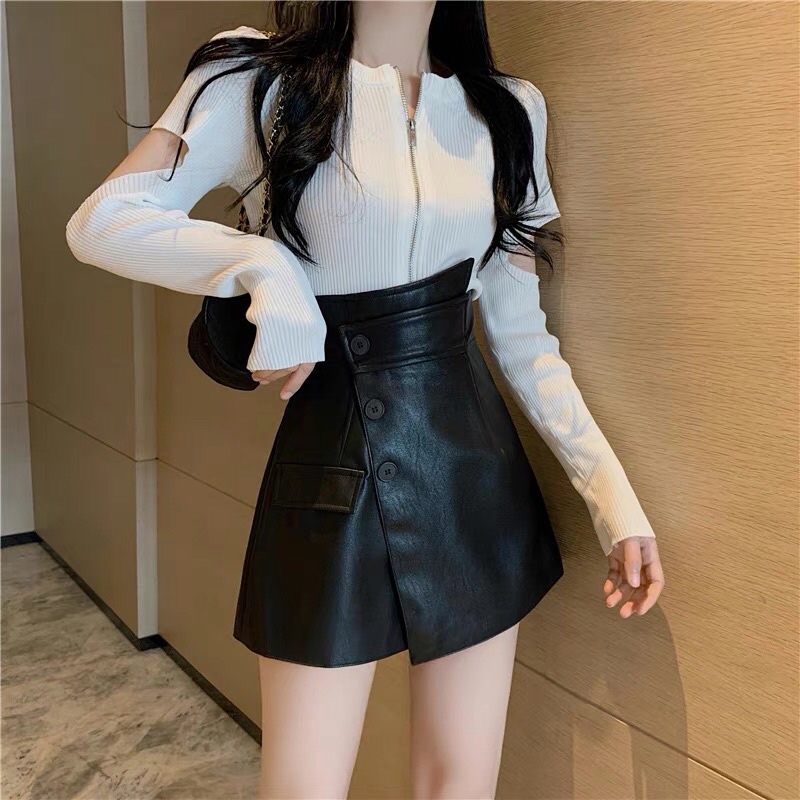 Quần giả váy da - short da nữ cạp cao vạt lệch 3 khuy