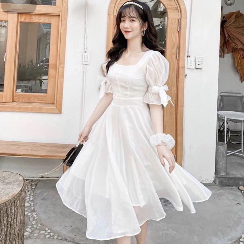 Đầm cổ vuông tay nơ 2 màu