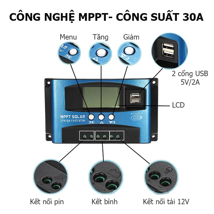 Điều khiển sạc pin năng lượng mặt trời công nghệ MPPT 12v 24v công suất 30A - điều khiển sạc pin mặt trời