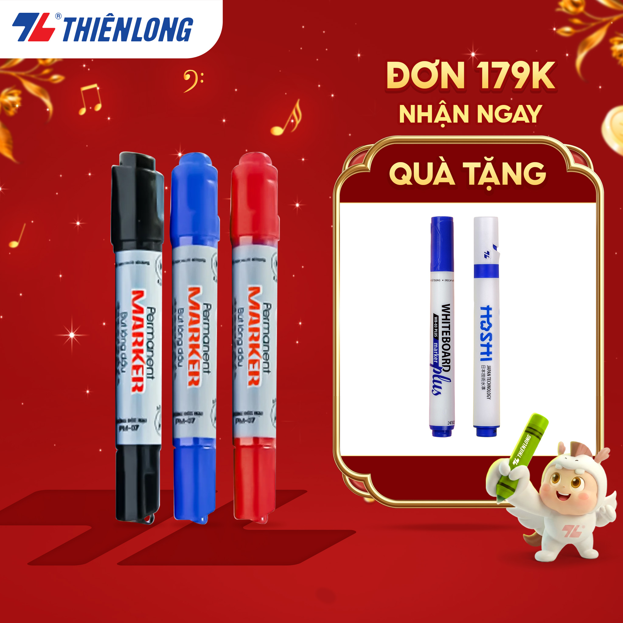 Combo 10 Bút lông dầu Thiên Long PM-07 2 đầu bút kích thước 0.8 mm và 6mm 3 màu mực xanh đỏ đen bám dính tốt trên nhiều bề mặt