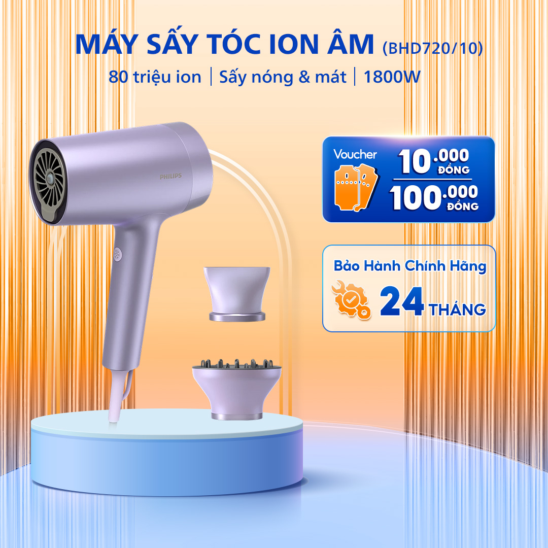 Máy Sấy Tóc PHILIPS BHD720/10, Công Suất 1800 W, Bổ Sung Ion Chăm Sóc Tóc, Bảo Hành Chính Hãng 24 Tháng