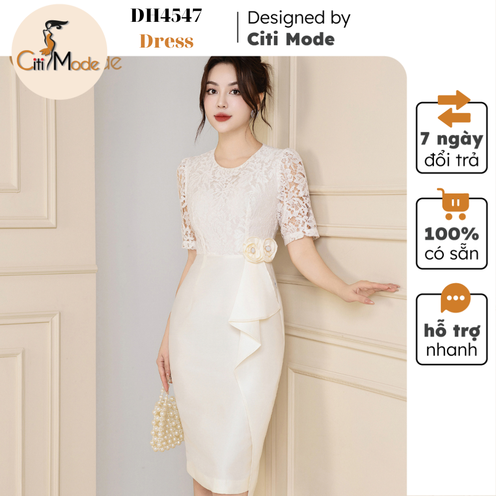 Đầm công sở citi mode fashion thiết kế dáng ôm ren be phối chân váy tafta be dh4547