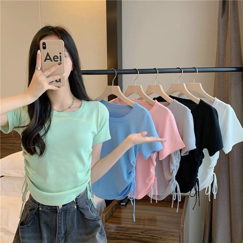 Áo Thun Borip Croptop Ngắn Tay Cổ Tròn Kèm Rút Dây Hai Bên Hông Xinh Xắn TTVV0459