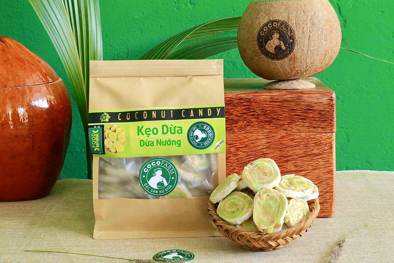 Kẹo Dừa Nướng Dứa Đậu Phộng cuộn bánh tráng Cocofarm ít đường bịch 500g