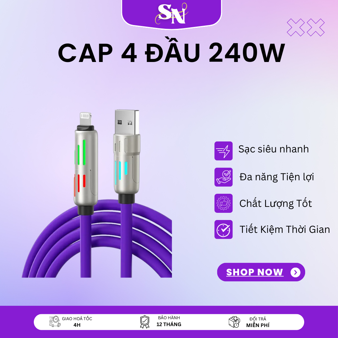 Cáp silicone 4 đầu 240w Cáp sạc nhanh 4 TRONG 1 công suất 240w - đa năng - sạc chống gẫy, Chiều dài 1.2 mét - hỗ trợ sạc nhiều dòng máy Cáp Sạc Nhanh VENTION USB 4.0 C-C TAVHF (5A, 240W)Cáp, đầu chuyển c to c chuẩn Usb 4 tốc độ 40Gbps