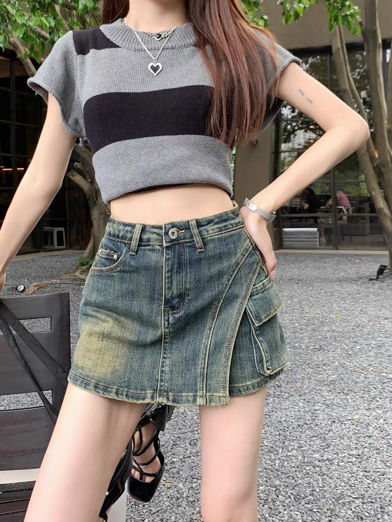 Quần short jean nữ cạp cao giả váy, quấn short jean KABICO tôn dáng phong cách_C45