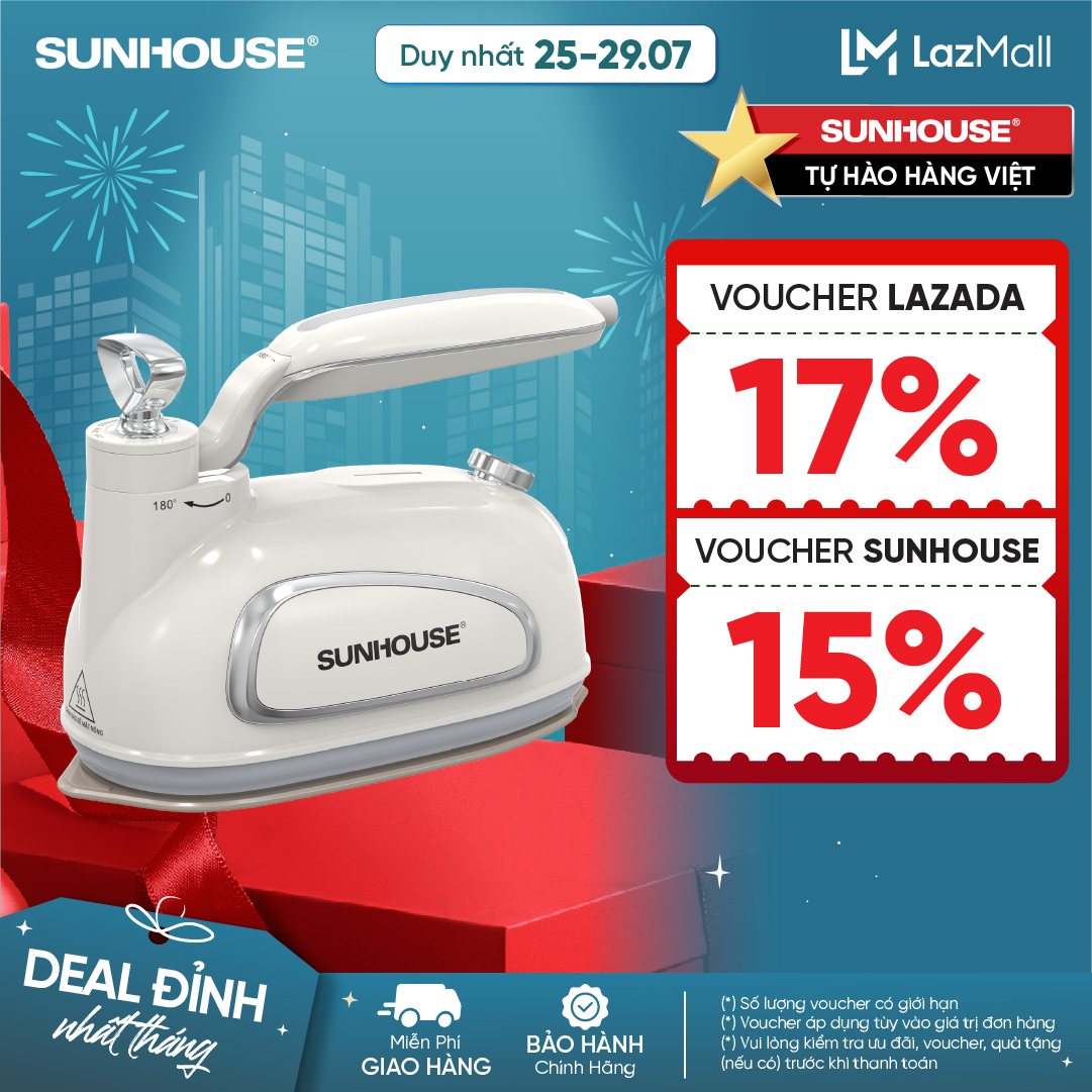 Bàn là hơi nước cầm tay Sunhouse SHD2175 - 1000W, 2 chế độ: là hơi, là khô - Tay cầm xoay 360 độ - Hơi phun mạnh mẽ