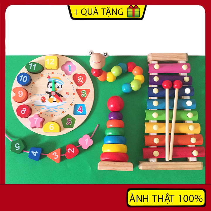 Combo 4 Món Đồ Chơi Thông Minh Bằng Gỗ Cho Bé (Đàn Xylophone 8 Thanh+Con Sâu Gỗ+Tháp Xếp Chồng+Đồng Hồ Xâu Dây)