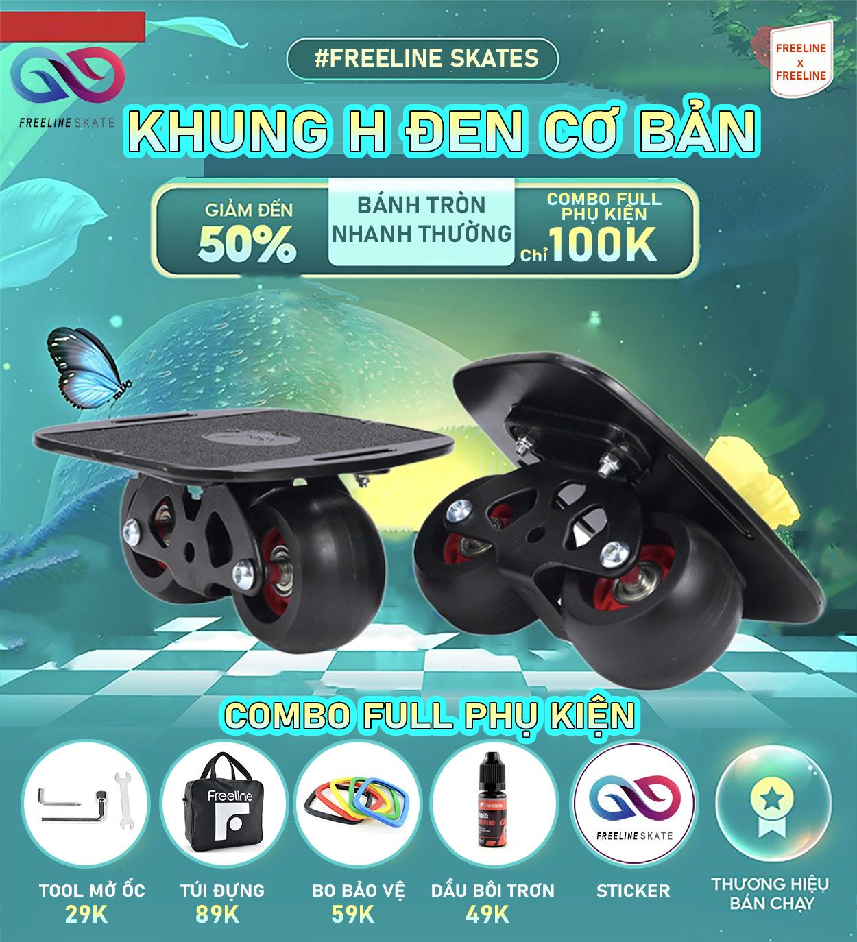 Ván trượt freeline kim loại khung h mặt đen bánh tròn tốc độ