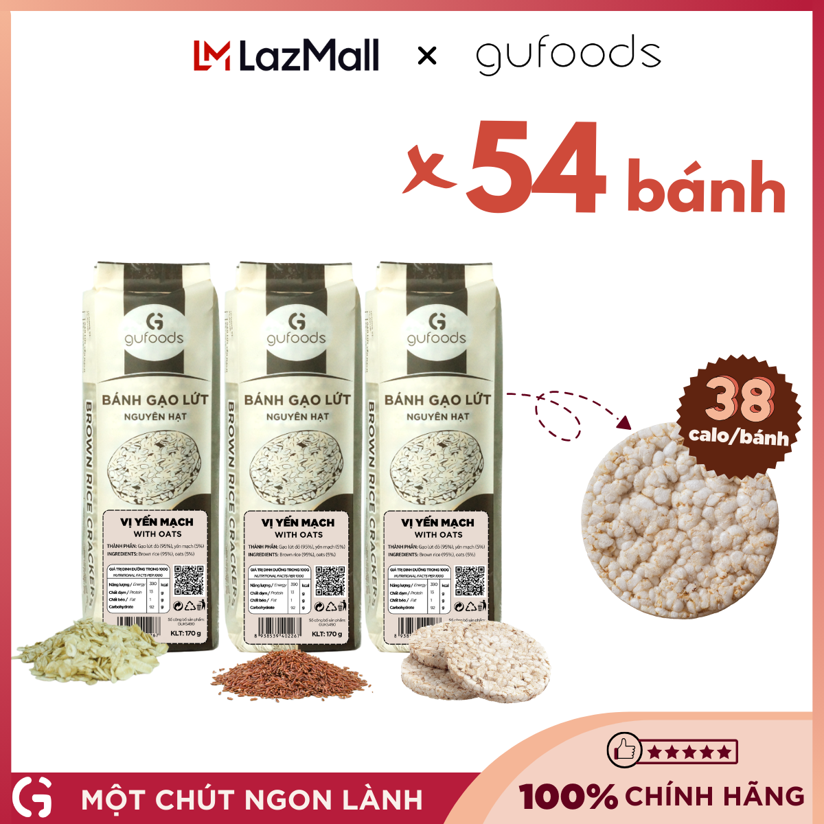 Bánh gạo lứt GUfoods vị Yến mạch (Túi 510g) - Không chiên dầu, Không đường, Lành mạnh, Phù hợp Eat clean, Ăn vặt healthy, Thực dưỡng, Tập gym, Thuần chay