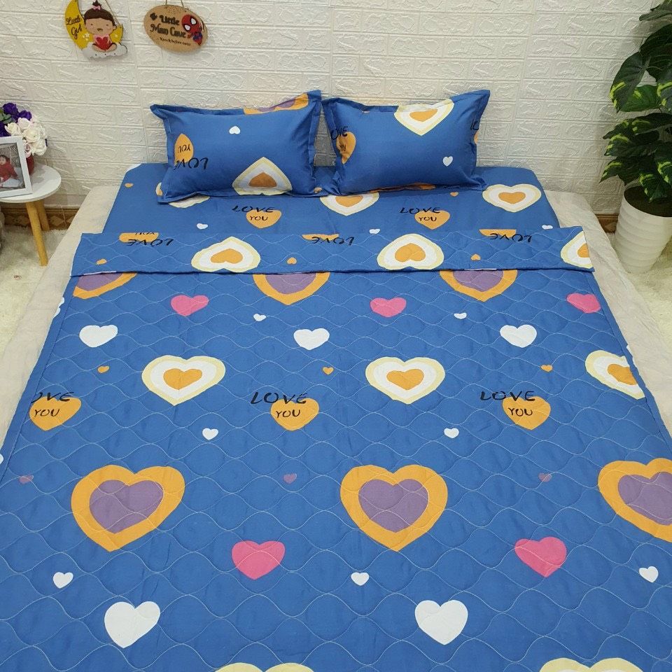 Bộ chăn ga gối cotton poly - tim xanh tiệm nhà cá