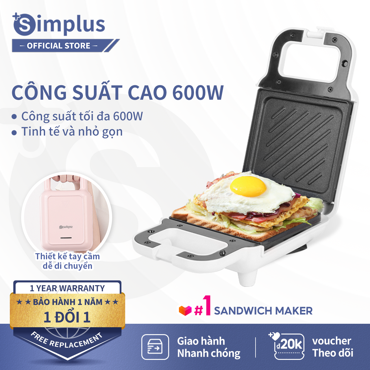 Máy Kẹp Bánh Mì Sandwich Simplus, Máy Nướng Bánh Mì Rán Trứng Làm Đồ Ăn Sáng Nướng Thịt 2 Mặt Thiết Kế Chống Bỏng An Toàn - Bảo Hành 12 Tháng - SMZJ001